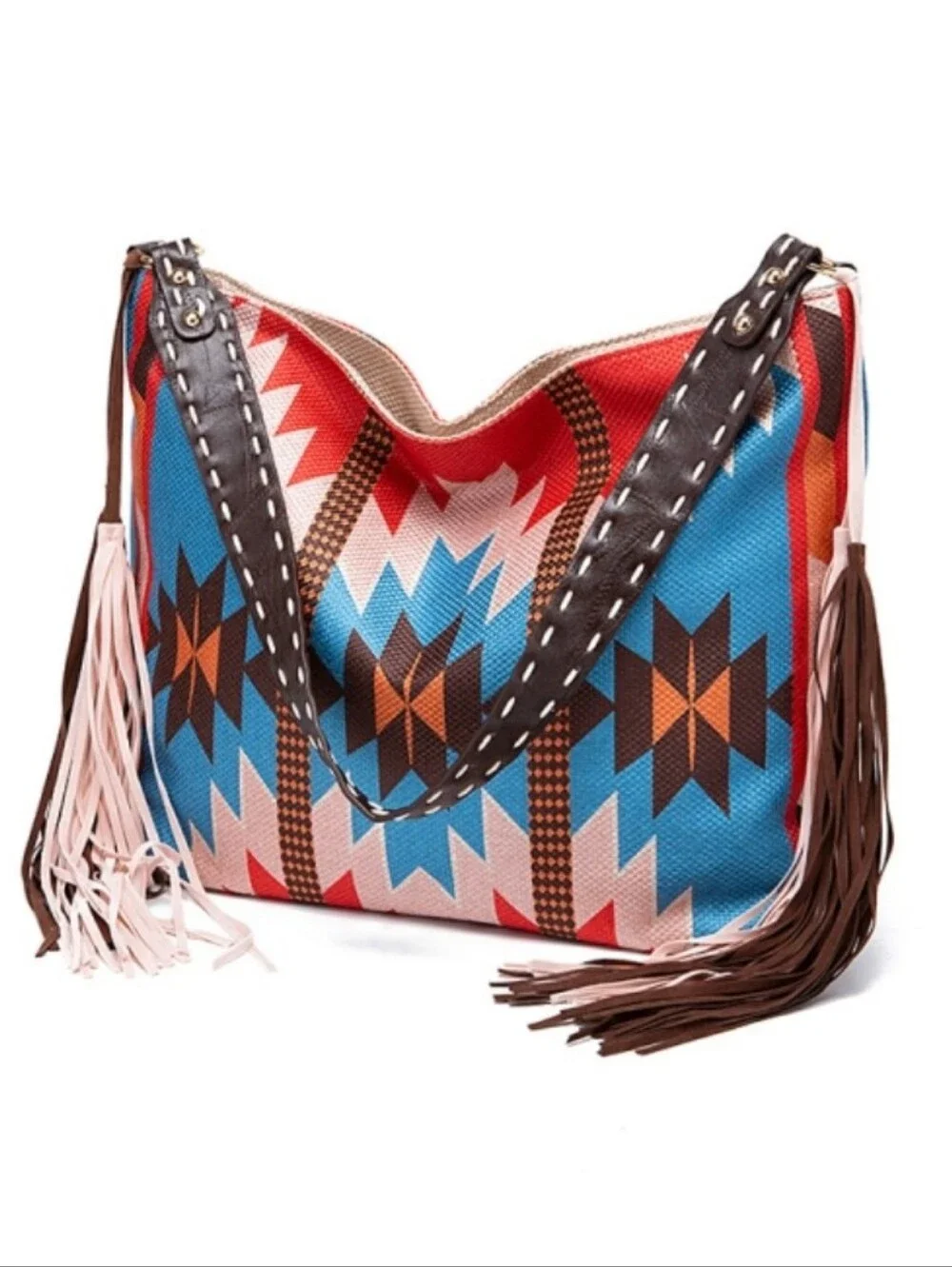NWT Boho Western Aztec Print Shoulder Hobo Bag with fringe Tassels